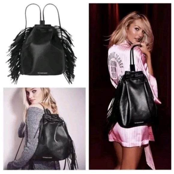 Victoria's Secret Drawstring Blk Faux Leather Backpack Fringe Cinch Bag Bookbag - Picture 10 of 11